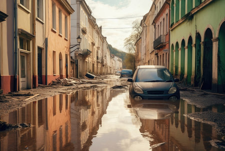 A submerged car amidst European floodwaters captures the unseen consequences of extreme weather in urban settings. This image prompts reflection on the vulnerability of city infrastructure and the urgent need for flood-resilient urban planning.の素材