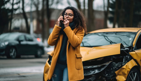 Witness the emotional aftermath of a car breakdown with this poignant image. A saddened woman stands next to her broken vehicle, capturing the essence of unexpected automotive misfortune on the road.の素材