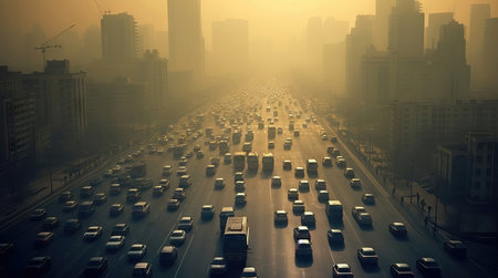 Dive into the heart of urban living as the image reveals the smog and haze over city roads, symbolizing the pressing issue of air pollution from car exhaust gases. Join the movement for cleaner air and a healthier, sustainable future.の素材