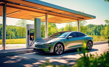 In this captivating scene, witness the synergy of technology and sustainability as a stylish electric car receives a charge at a cutting-edge charging station. Experience the beauty of clean energy in action, shaping the future of urban mobility.の素材