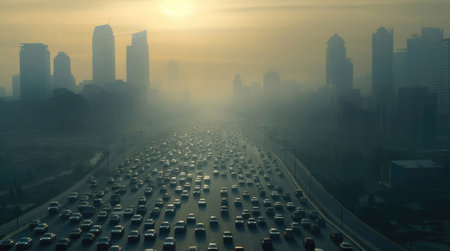 Witness the environmental challenges of big city life with this image capturing the haze over roads. Explore the consequences of vehicle emissions, highlighting the urgent need for sustainable practices and environmental awareness.の素材