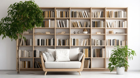 Step into a world of contemporary comfort with this modern interior featuring a bright room, a comfortable armchair, and well-organized bookshelves. The perfect blend of style and relaxation awaits in this inviting space.の素材