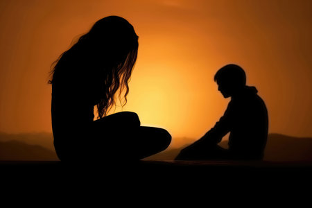 Experience the poignant moment of a sunset quarrel through the silhouettes of a sad girl and a man. This image encapsulates the emotional complexities of relationships and the struggle for understanding in moments of conflict.の素材