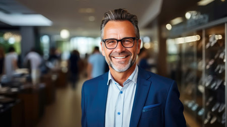 Experience the confidence and success of corporate leadership with this smiling representative man, dressed in a business suit and glasses. This image captures the essence of professionalism and business acumen, reflecting the qualities of a successful businessman.の素材