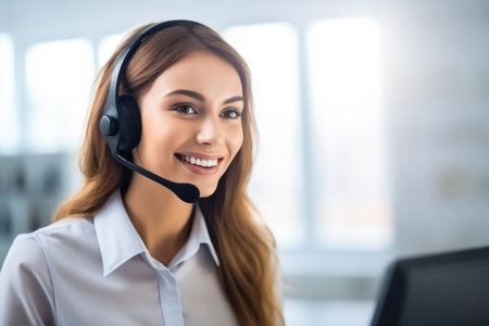 Experience professional customer service with this young smiling call center worker, ready to assist with a friendly and positive attitude. This image captures the dedication and professionalism of call center support, offering assistance and solutions with a cheerful demeanor.の素材