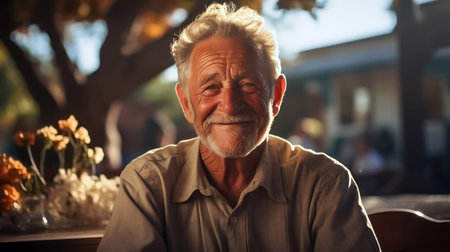 Witness the radiance of elderly happiness as a cheerful man with sparkling eyes enjoys the beauty of nature in the garden near the house on a sunny day. This image captures the joy and contentment of active aging, highlighting the positive spirit and vitality of senior life.の素材