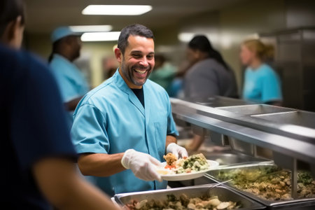 Experience the dedication and professionalism of this smiling food service worker, dressed in uniform, as he works on food distribution in a public canteen. This image captures the essence of culinary service and hospitality, showcasing the importance of food distribution in providing meals for public dining.の素材