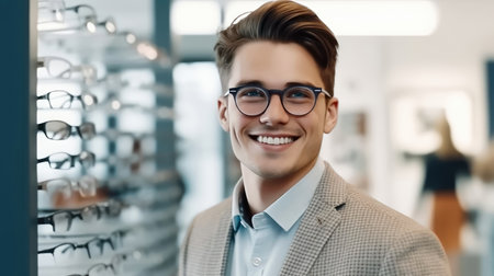 Explore the world of stylish eyewear with this image of a smiling young student wearing glasses, set against the blurred background of an optician center. This image captures the essence of eyewear fashion and style, showcasing the trendy and chic choices available in the realm of optical accessories. Discover the importance of finding the perfect frames to complement one's personal style and enhance one's vision.の素材