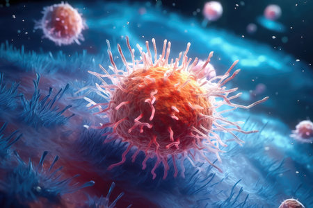In this image, a virus cell is magnified and displayed in detail, providing valuable insights into the structure and behavior of these microorganisms, essential for combating infectious diseases.の素材