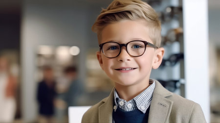 In this image, a young boy is seen with a cheerful expression as he selects glasses at an optical center, a joyful experience captured on camera.の素材