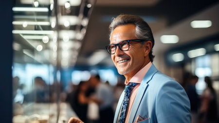 Discover the professionalism of a successful businessman with this smiling man in a business suit and glasses who chooses new glasses at the optical shop. His confident demeanor and professional attire reflect his commitment to success and excellence in the business world.の素材