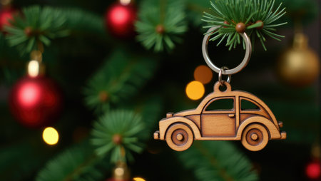 A festive car keychain delicately hanging from a beautifully adorned Christmas tree, capturing the warmth and joy of the holiday season. This charming decoration adds a personal touch to Christmas celebrations, blending tradition and modern holiday cheer.の素材