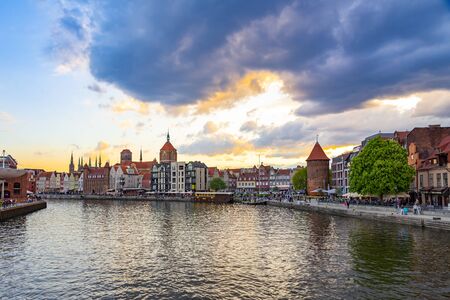 Gdansk Poland - May 30 2018: View of Gdansk old town and Nowa Motlawa from Olowianka during sunset with beautiful skyのeditorial素材