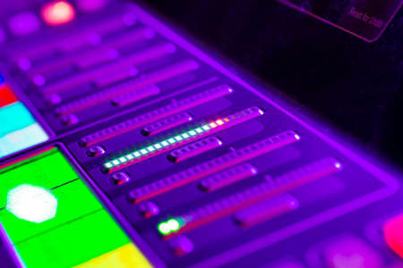 Audio mixer console, dj stand close up photo during party event, presentation, celebration, audio...
