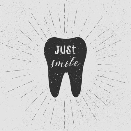 Tooth. Just smile. Vector. Black tooth on white background. Vintage retro sunburst, grunge background.のイラスト素材