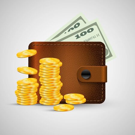 Leather wallet with golden coins stack and green dollar. Vector illustration, eps 10. Brown wallet with money isolated with shadow.のイラスト素材