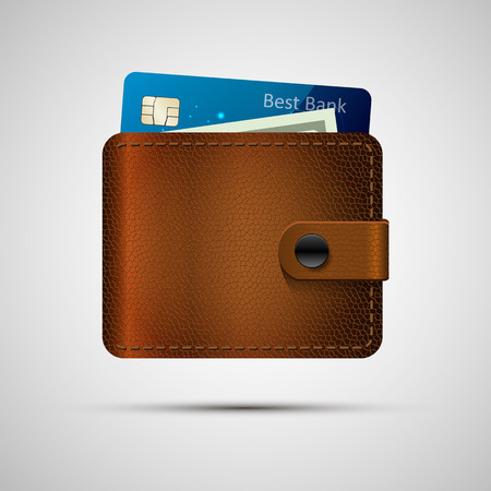 Leather wallet with blue credit card and green dollar. Vector illustration, eps 10. Brown wallet with money isolated with shadow.のイラスト素材