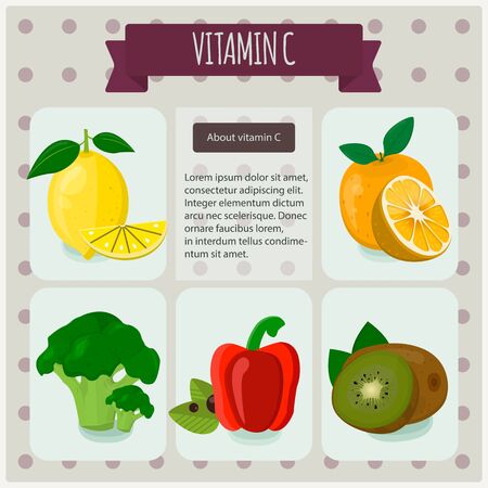 Vitamin C. Vector illustration, eps 10. Fruit and vegetables with vitamin C infographics set: lemon, orange, broccoli, paprika kiwiのイラスト素材