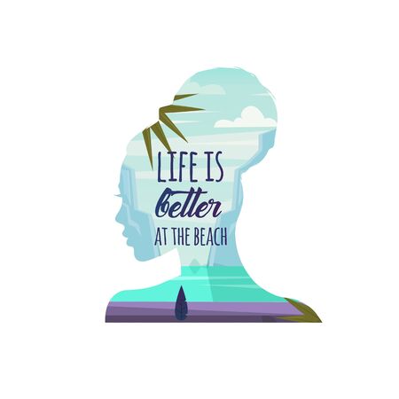 Life is better at the beach. Vector illustration. Woman thinking about beach and summer.のイラスト素材