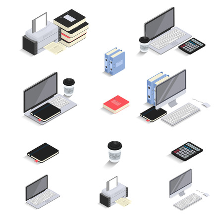 Flat 3d Isometric icons - laptop, computer, calculator, notebook, coffee, office folder. Office Equipments and Interior Items. Vector. Electronic gadgets and devices. Workspace infographic.のイラスト素材