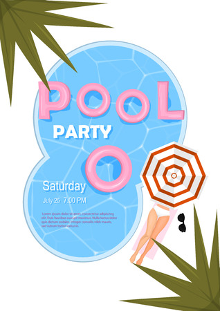 Pool party poster. Vector illustration. Pool party invitation with water, pink float, beach umbrella, palm, sexy femele legs.のイラスト素材