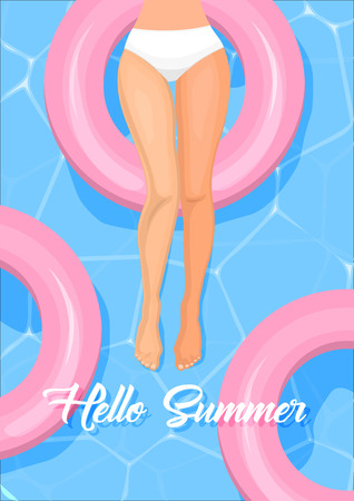 Hello summer. Beautiful female legs on pink pool float. Sexy woman body shape in bikini. Vector. Summer holidays concept. Relaxation on the pool.のイラスト素材