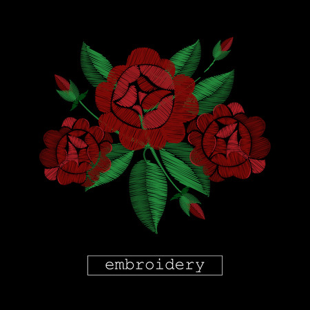 Embroidery stitches.Red Flowers on black background. Vector. For fashion clothes design, textile, fabric. Traditional folk ethnic decoration. Vintage element. Red roses.のイラスト素材