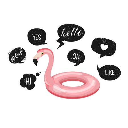 Flamingo. Pool float and funny speech bubbles with grunge texture - yes, wow, ok, hello, love, like.Vector. Flamingo swim ring. Summer beach concept. Trendy pink flamingo inflatable circle. Life buoy.のイラスト素材