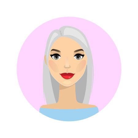 Woman avatar. Vector illustration.Cartoon beautiful girl in flat design style. Avatar business woman. Female avatar, face icon. Blonde grey hair. Red lips. Pastel colors - pink and blue.Pretty lady.のイラスト素材