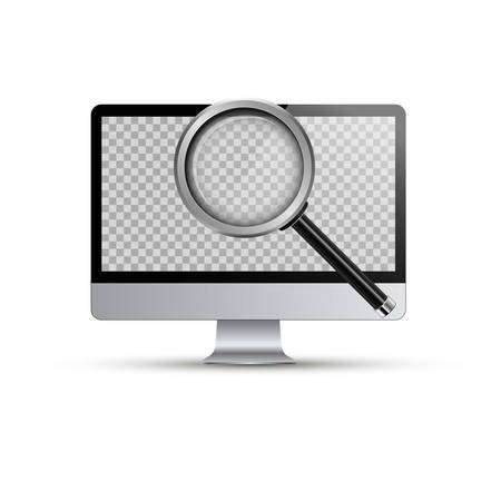 Computer and Realistic Magnifying glass. Vector illustration. Analytics, search, discovery, examine, study concept. Isolated on white.のイラスト素材