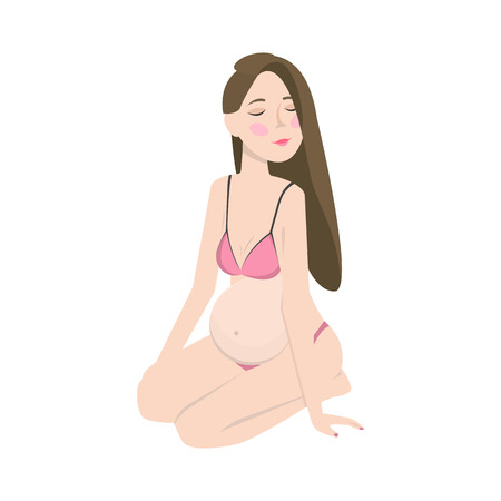 Pregnant young woman. Vector illustration. Cute girl waiting for baby. white background with moon and stars.のイラスト素材