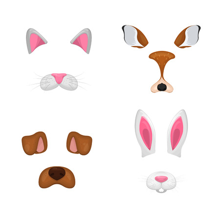 Animal face elements set. Vector illustration. For selfie photo decor. Constructor. Cartoon mask of cat,deer,rabbit,dog. Isolated on white.のイラスト素材