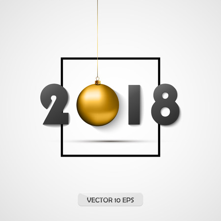 2018. New year greeting card. Vector. Golden ball. Logotype for 2018 New Year party. Black frameのイラスト素材