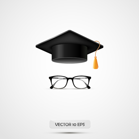 Education hat and eyeglasses. Vector illustration. White background. Graduate cup.のイラスト素材