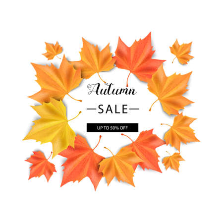 Autumn sale. Vector illustration. Orange and yellow autumn leaves and text. Sale. Web banner.のイラスト素材