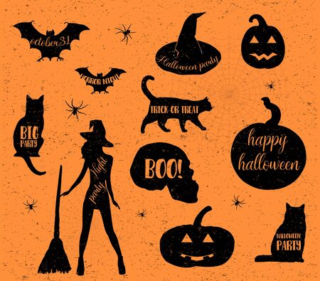 Halloween icons set. Witch silhouette, cat, hat pumpkin Vector illustrationのイラスト素材