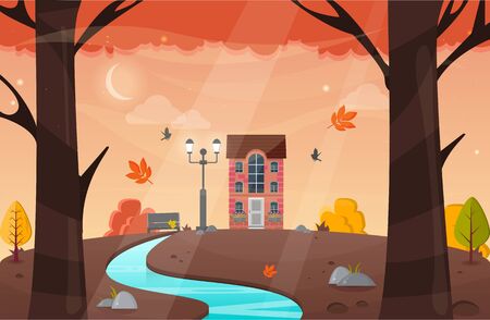 Autumn landscape. Vector illustration. Nature landscape with yellow trees and leaves.のイラスト素材