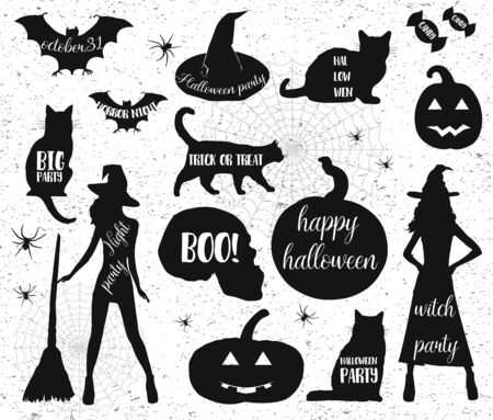 Halloween Silhouettes. Witch, pumpkin, black cat.Halloween party. Spider sticker. Trick or treat Vector icons.のイラスト素材