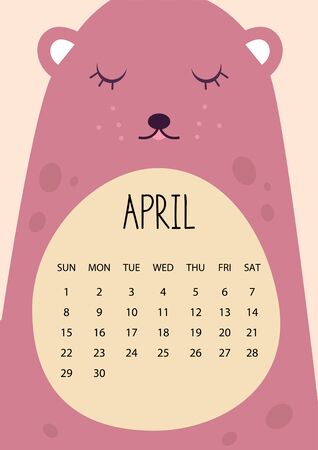 Cute month calendar design for 2018 year. April. A4 format. Vector illustration.のイラスト素材