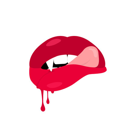 Red lips. Vampire tooth with blood. Vector illustrationのイラスト素材