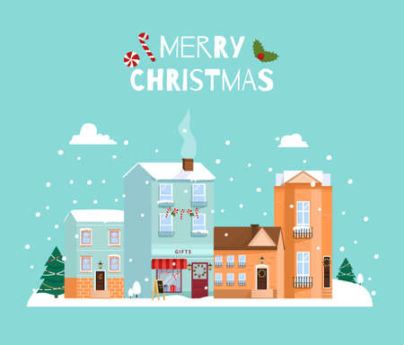 Merry Christmas. Cute houses. Sunny day. Flat style vector illustrationのイラスト素材