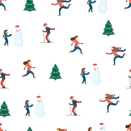 Happy people. Winter scene. Vector Seamless patternのイラスト素材