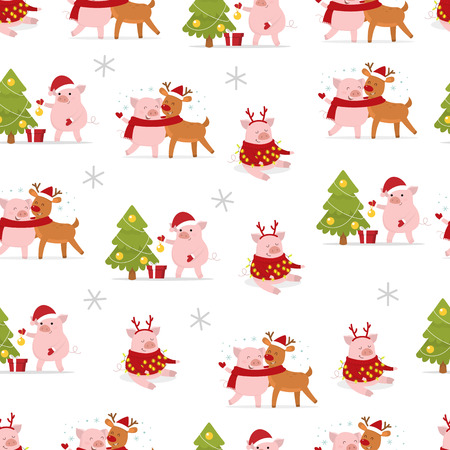 Merry Christmas and a Happy New Year 2019. Cute Christmas pigs. Seamless pattern. Vector illustrationのイラスト素材