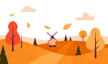 Autumn Landscape. Flat style. Fall trees, leaves, windmill.のイラスト素材