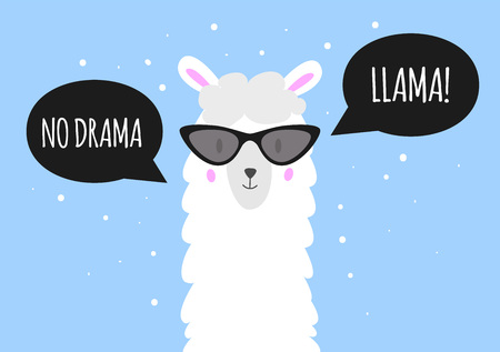 No drama - lama. Cute lama with sunglasses. Speech bubbles with text. Vector illustrationの写真素材