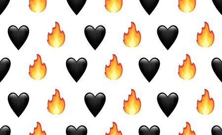 Tik tok emoji background. Black heart and fire. Seamless pattern. Vector illustrationのイラスト素材