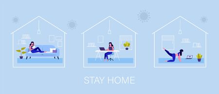 Stay home. Quarantine Coronavirus. Young woman reading book, working from home and doing yoga. Vector illustrationのイラスト素材