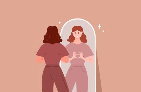 Young woman looking through the mirror and smiling. Self love. Love yourself. Vector