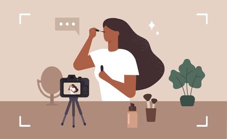 Beauty blogger. Make up influencer. Woman doing makeup and recording a video. Vector illustrationのイラスト素材