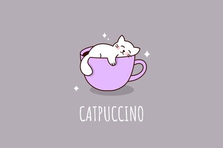 Cat and cappucino cup. Catpuccino. Cute print. Vector illustrationのイラスト素材